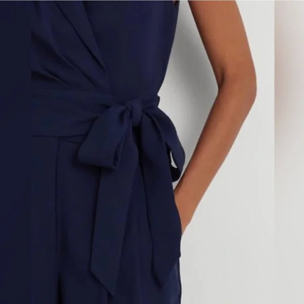 Lauren Ralph Lauren Belted Georgette Sleeveless Romper Refined Navy Size 10 - Picture 3 of 14